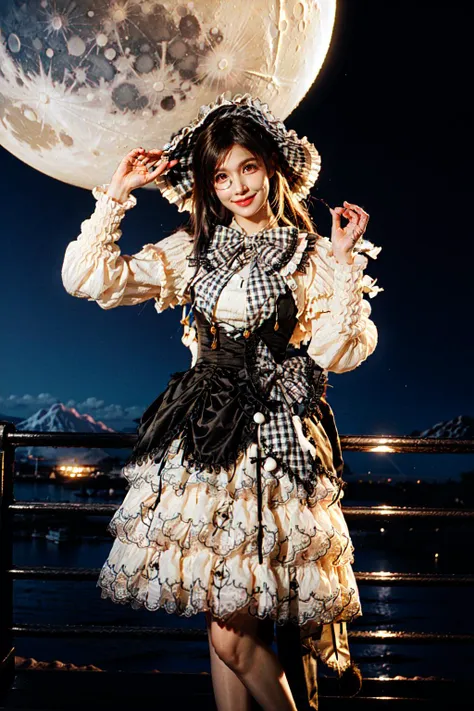 arafed woman in a dress and hat posing in front of a full moon