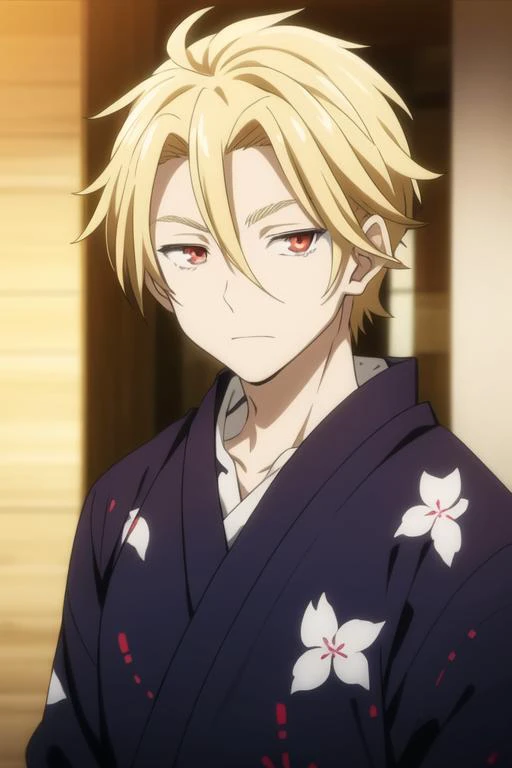 masterpiece, best quality, high quality, 1boy, solo, male focus, looking at viewer, upper body, <lora:king_of_despair:0.62>, king_of_despair, red eyes, blonde hair, hair between eyes, , yukata