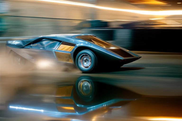 Lancia Stratos Zero rolling downhill at night time in an urban area, <lora:l4nc145tr4t05z3r0:1> <hypernet:longexposure_v01:1>, dutch Angle Shot,colored urban lights, <lora:add_detail:1> <lora:epiNoiseoffset_v2:1>