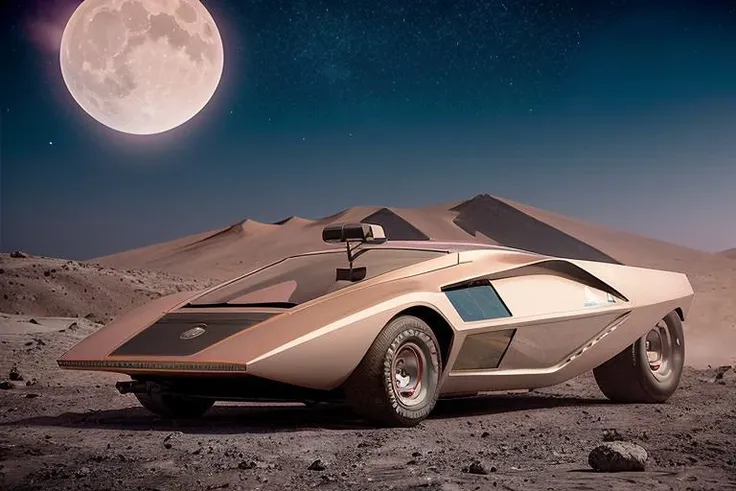 a close up of a car on a desert surface with a full moon in the background