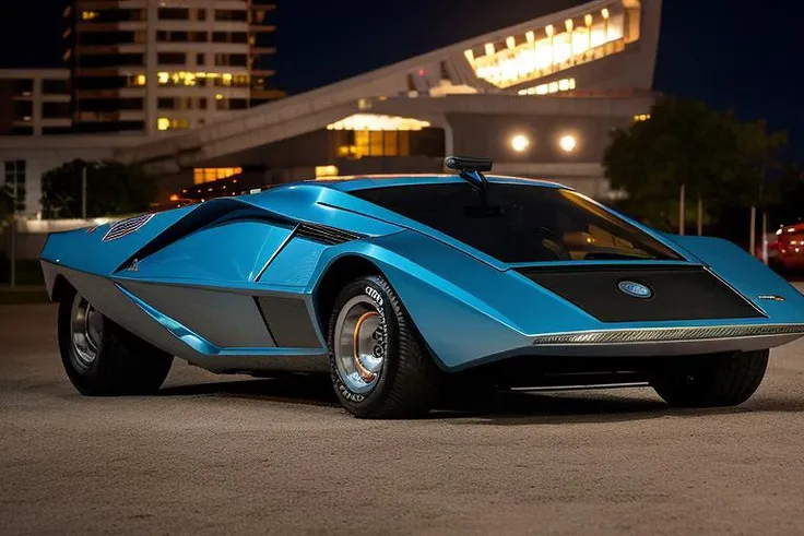 Lancia Stratos Zero rolling downill at night time in an urban area, <lora:l4nc145tr4t05z3r0:1> <hypernet:longexposure_v01:1>