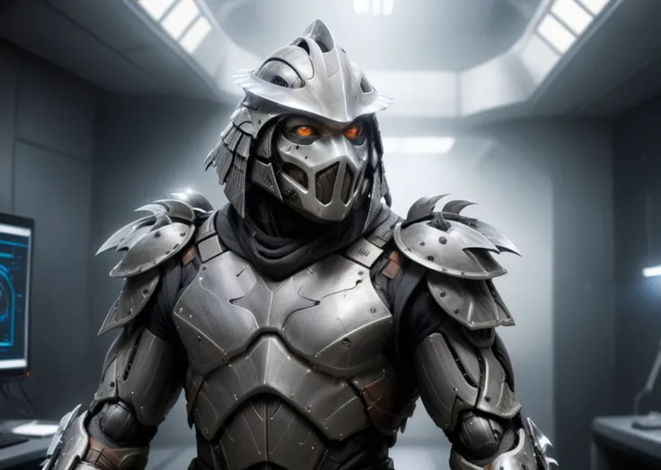 a highres photo of a TMNTShredder 1man armored samurai knight, wearing a futuristic full armor outfit with pauldrons and futuristic metal samurai helmet with mask, in a futuristic research facility, computers, futuristic machines, muscular build, <lora:90s...