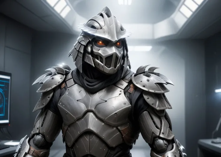 a highres photo of a TMNTShredder 1man armored samurai knight, wearing a futuristic full armor outfit with pauldrons and futuristic metal samurai helmet with mask, in a futuristic research facility, computers, futuristic machines, muscular build, <lora:90s...