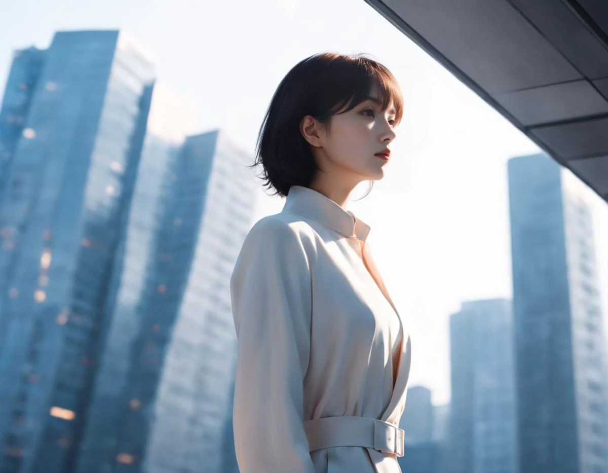 a woman in a white coat standing in front of a tall building