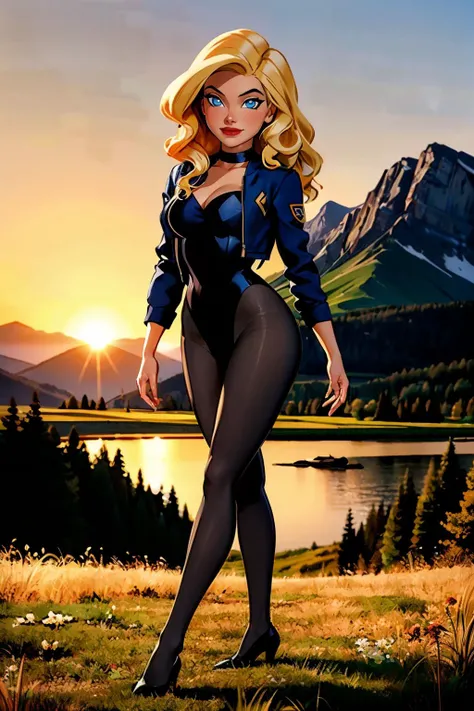 Black_Canary_JLU, blue eyes, blonde hair, cropped jacket, leotard, fishnet pantyhose, looking at viewer, smiling, full body shot, cute pose, outside, field, grass, mountain, sunset, dusk, high quality, masterpiece, <lora:Black_Canary_JLU:.6>