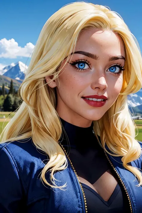 Black_Canary_JLU, blue eyes, blonde hair,cropped jacket, leotard, looking at viewer, smiling, close up portrait, outside, field, mountain, blue sky, high quality, masterpiece, <lora:Black_Canary_JLU:.6>