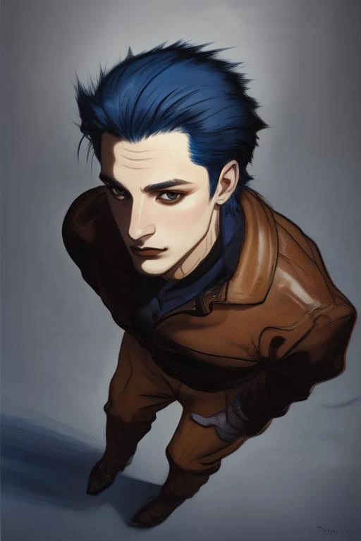 full body, solo, 1boy, male, looking up, blue hair, slick back, dark brown eyes, khakis <lora:amano_yoshitaka_style_v01:1>