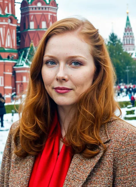 portrait of sks woman in Moscow, at the Red Square with St. Basils Cathedral in the background, by Flora Borsi, style by Flora Borsi, bold, bright colours, ((Flora Borsi)), by David LaChapelle, <lora:locon_mollyquinn_v1_from_v1_64_32:1>