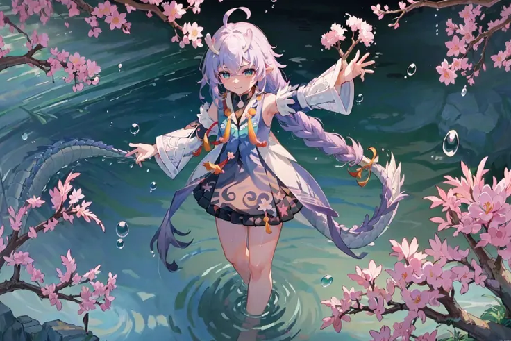 anime girl in a dress standing in a pond with a dragon