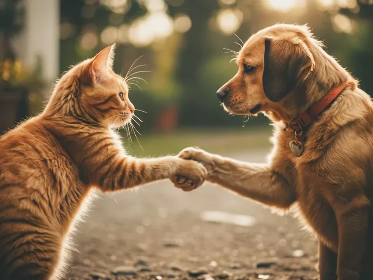 two cats and a dog shaking hands on a road