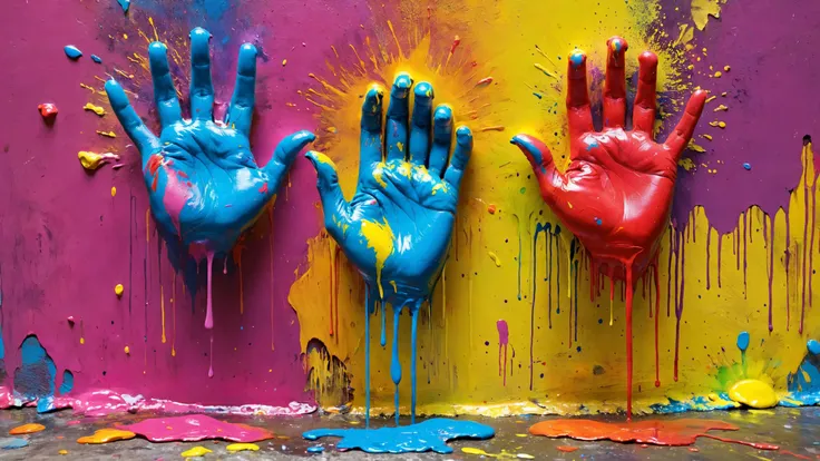 a close up of three hands painted in bright colors on a wall