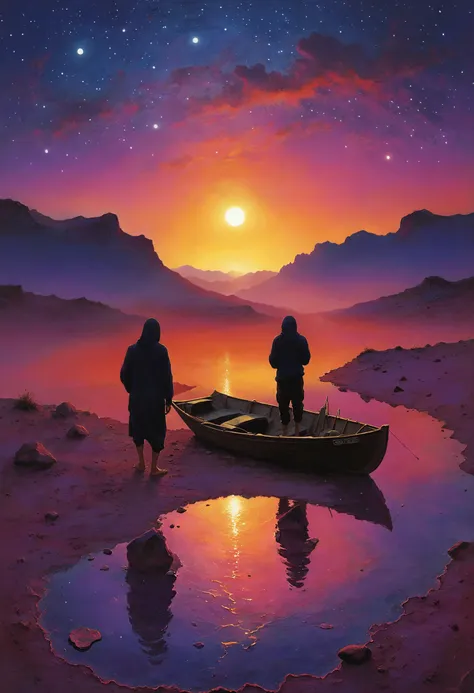 painting of two people standing on a boat in a lake at sunset