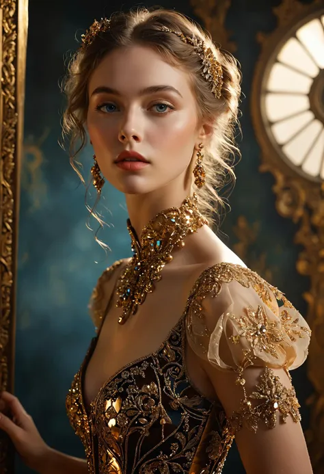 a close up of a woman in a dress holding a mirror