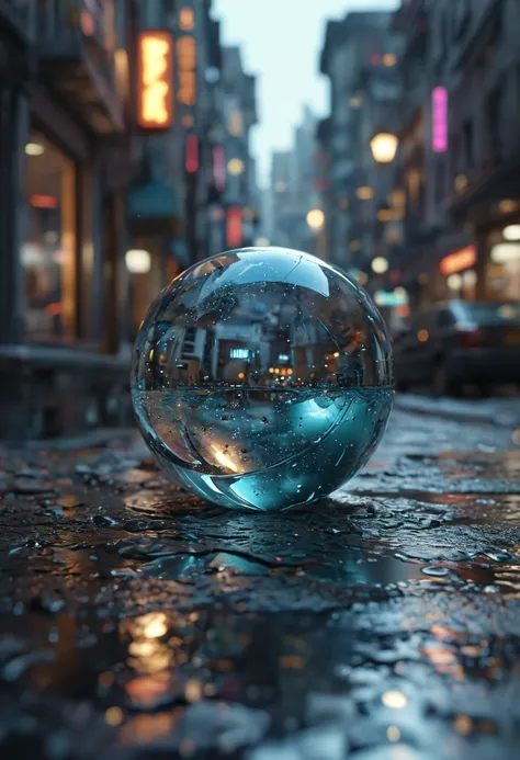 a close up of a glass ball on a wet surface