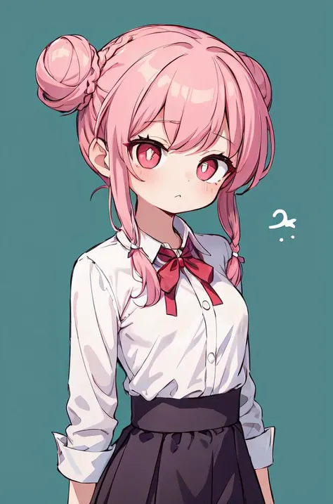 masterpiece,best quality,upper body,1girl,small breasts,collared_shirt and flared_skirt as material2,pink theme,retro artstyle,polar opposites,braided bun,mismatched pupils,=^=,between thighs
Negative prompt: (worst quality, low quality:1.4), username, tex...