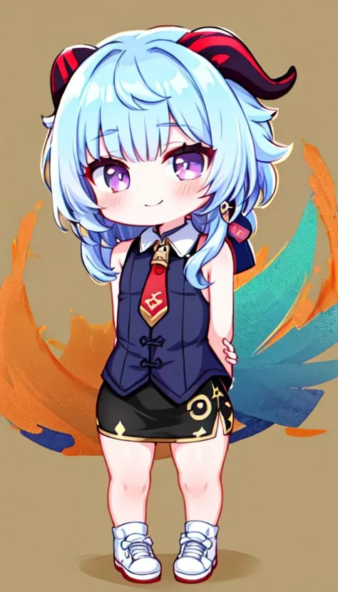 (BSCON STYLE,CUTE,BIG EYES,THICK OUTLINES),(CHIBI:1.33),(full bady:1.5),sweet smile,(flat chest:1.33),arms at sides,(arms behind back:1.33),
1girl,ganyu (genshin impact),solo,horns,long hair,blue hair,purple eyes,looking at viewer,neck bell,bangs,tassel,go...