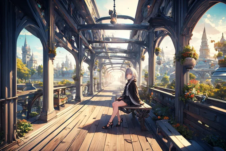 ((masterpiece)), (best quality), official art, extremely detailed CG, unity 8k wallpaper, ultra detailed, detailed background, vivid color, photorealistic, landscape, wide shot, 1girl, 
a bench sitting on top of a wooden floor, 
 <lora:Science and technolo...