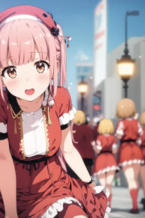 anime girl in red dress sitting on a bench in a city