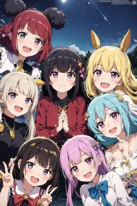 a group of anime girls posing for a picture in front of a full moon