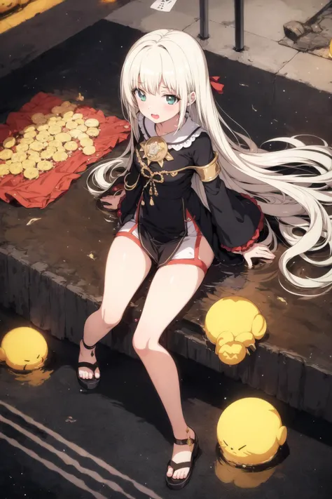 anime girl with long white hair sitting on steps with yellow balls