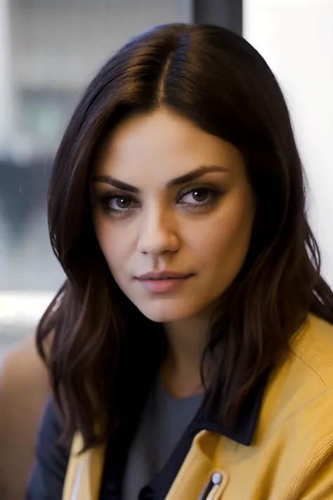 a close up of a woman with a yellow jacket on