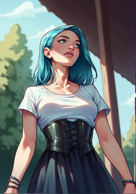 score_9,score_8_up,score_7_up,score_6_up,score_5_up,score_4_up ,witchyaesthetic,realistic,blurry background, scenery, from below, looking away, turquoise eyes, azure hair, bracelet, v-neck t-shirt,skirt, corset, <lora:Jabstyle_AMXLV1:0.8> Jabstyle,