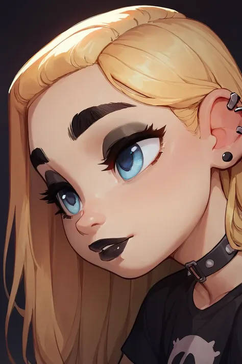 a close up of a cartoon girl with blue eyes and piercings