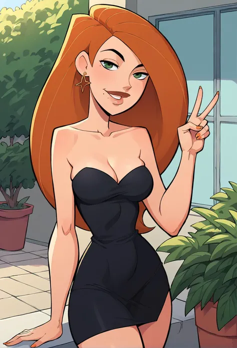 score_9, score_8_up, score_7_up, score_6_up, BREAK
source_western, Jabstyle, solo, kim_possible, upper body, peace sign, hand on own hip, green eyes, looking at viewer, thick lips, mole under mouth, smirk, star earrings, orange hair, long hair, black dress...