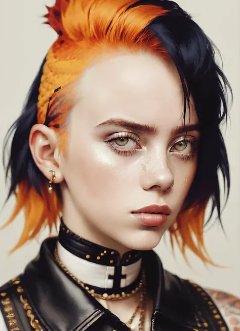 portrait of sks woman by Flora Borsi, style by Flora Borsi, bold, bright colours, orange Mohawk haircut, ((Flora Borsi)), <lora:locon_billie_v1_from_v1_64_32:1.3>