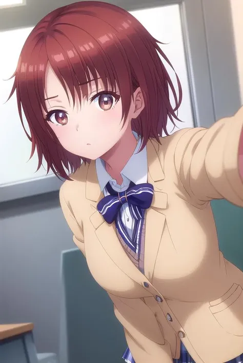 chitoseshirakawa, <lora:chitose shirakawa s1-lora-nochekaiser:1>,
chitose shirakawa, short hair, (brown eyes:1.5), red hair,
BREAK skirt, bow, school uniform, jacket, pleated skirt, plaid, plaid skirt, blazer, cardigan,
BREAK indoors, classroom,
BREAK look...