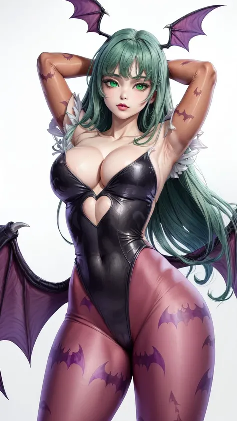 (1girl, solo, masterpiece, 4k,  best quality:1.2, ((cowboy shot)), best quality:1.2, NICE HANDS, COLORFUL, (perfect hands, perfect anatomy)), 
morrigan aensland, green eyes, green hair, long hair, blunt bangs, head wings, pink lips, leotard, bare shoulders...