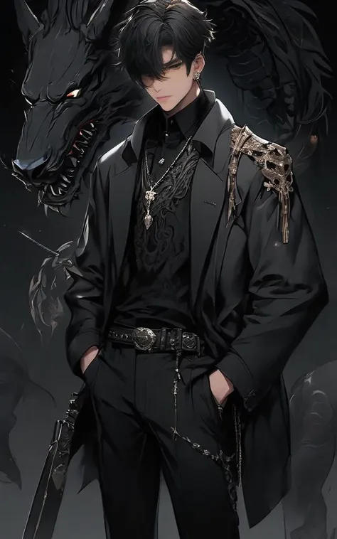 a man in a black suit and a black dragon on a dark background