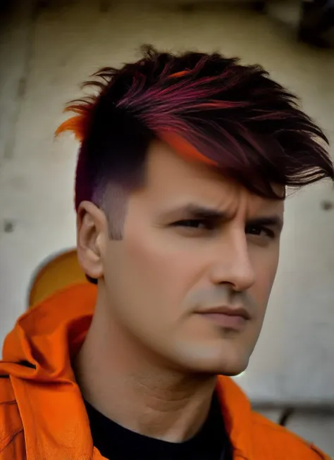 portrait of sks man (CIRO2:1) by Flora Borsi, style by Flora Borsi, bold, bright colours, orange Mohawk haircut, ((Flora Borsi)), <lora:CIRO2:1>