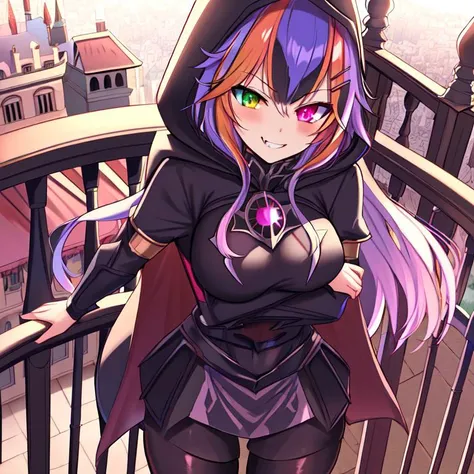 anime girl with purple hair and a black cape on a balcony