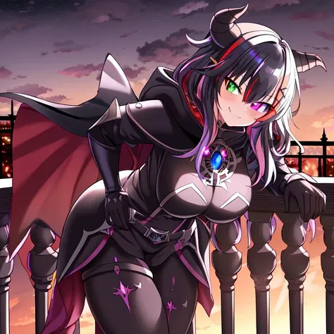 anime girl with long black hair and purple eyes standing on a railing