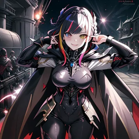 (1girl:1.2), best quality, masterpiece, highres, detailed, perfect anatomy, hair clips, tights, cape, black bodysuit, evil smirk, breast plate, heterochromia, multicolored hair, glowing eyes, night, mansion, hood, EvilExecCh, <lora:EvilExecCh:0.7>, ballroo...