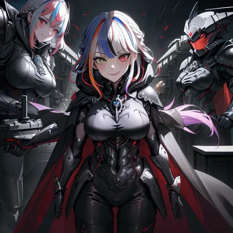 (1girl:1.2), best quality, masterpiece, highres, detailed, perfect anatomy, hair clips, tights, cape, black bodysuit, evil smirk, breast plate, heterochromia, multicolored hair, glowing eyes, night, mansion, hood, EvilExecCh, <lora:EvilExecCh:0.7>, ballroo...