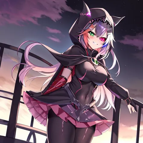 anime girl with cat ears and a cape on standing on a fence