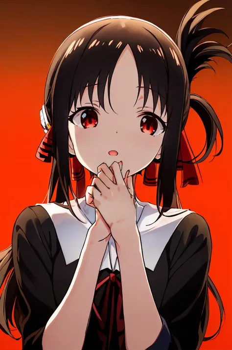 (best quality, masterpiece, highres),1girl,solo,shinomiya kaguya,red eyes,black hair,hair ribbon,summer uniform,
straight-on,upper body,hand to own mouth,okawaii koto,red background, <lora:okawaii koto_v1:1> <lora:loveiswar:1>