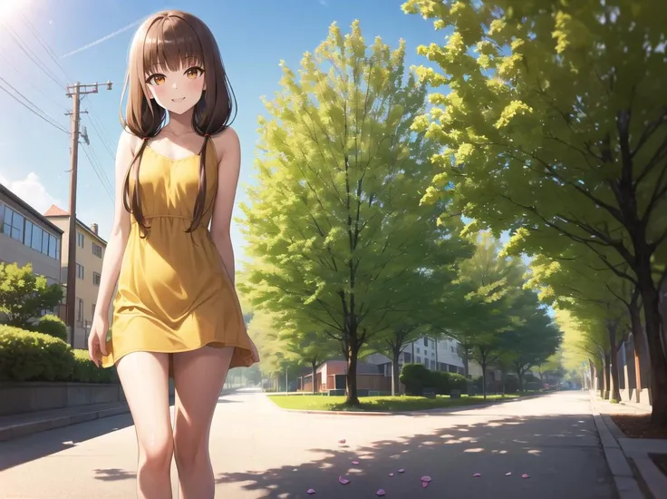 masterpiece, best quality, high res, hi res, best quality, detailed background, 1girl, solo, alone, nsfw, <lora:love is war:1>, iino miko, brown eyes, brown hair, low twintails, small breasts, yellow dress, flower dress, outdoors, park, petals, sunny, sun,...