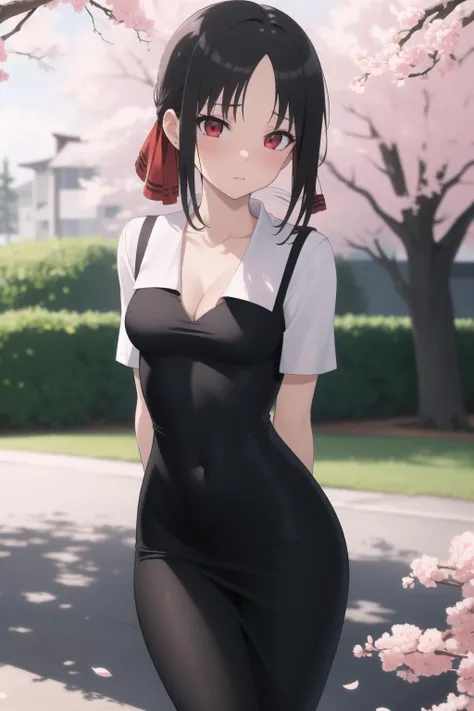 (masterpiece, best quality, highly detailed, high resolution), 1girl, <lora:loveiswar:1>, black school uniform, school dress, shinomiya kaguya, red eyes, black hair, hair ribbon, blush, shy, arms behind back, cleavage, (small breasts, slim body, wide hips)...