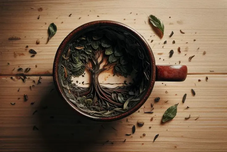 a close up of a cup of tea with a tree in it