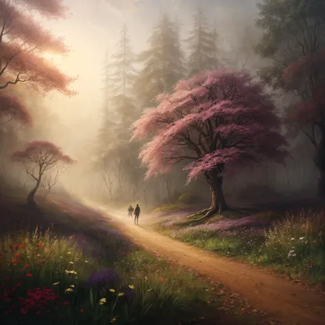 a painting of two people walking down a path in a forest