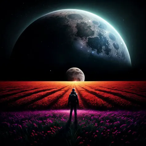 a man standing in a field looking at the moon