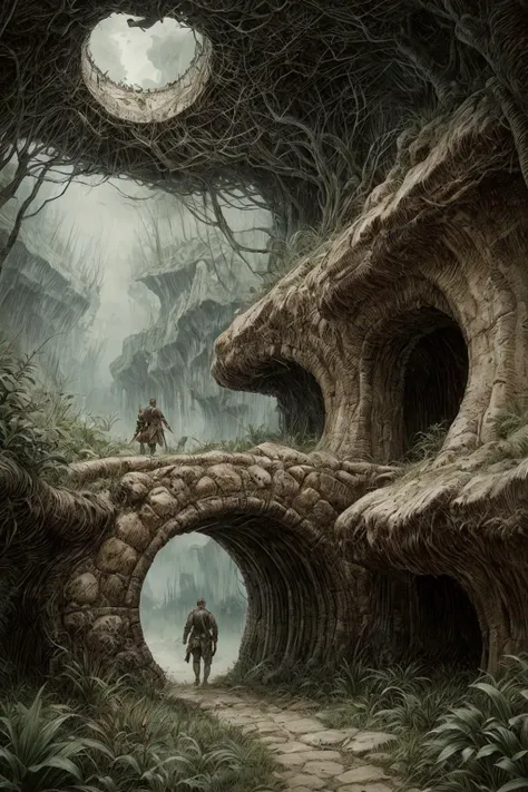 a painting of a man walking through a tunnel in a forest