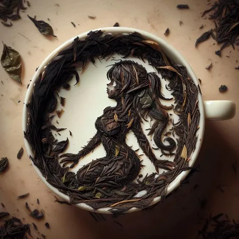 arafed cup of tea with a woman in it surrounded by leaves