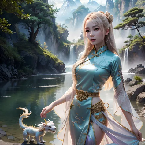 there is a woman in a blue dress standing next to a dragon