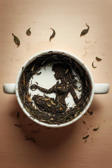 a close up of a cup of tea with leaves on a table