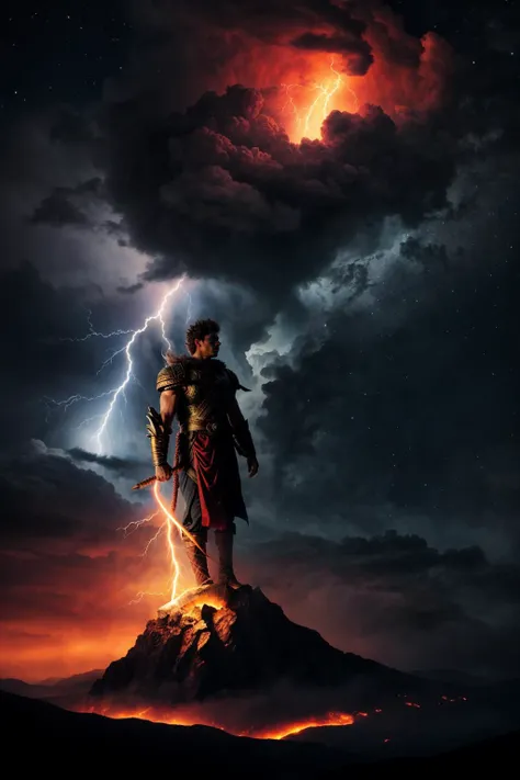 a man standing on top of a mountain under a lightning