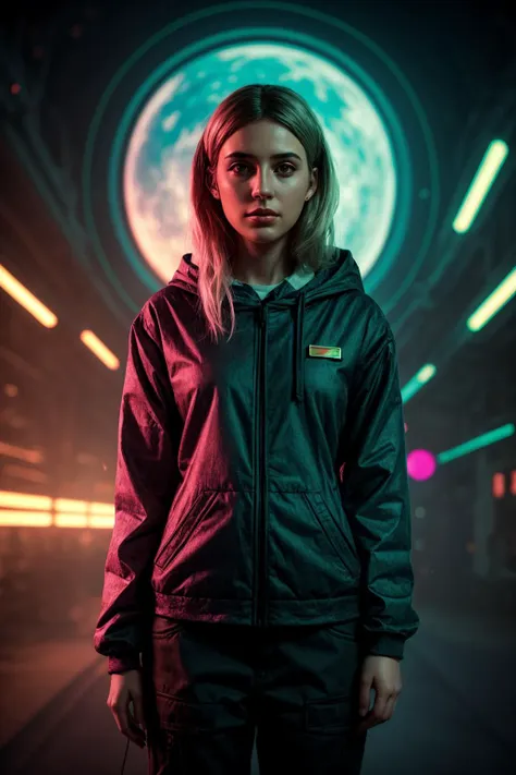 a woman in a black jacket standing in front of a neon light